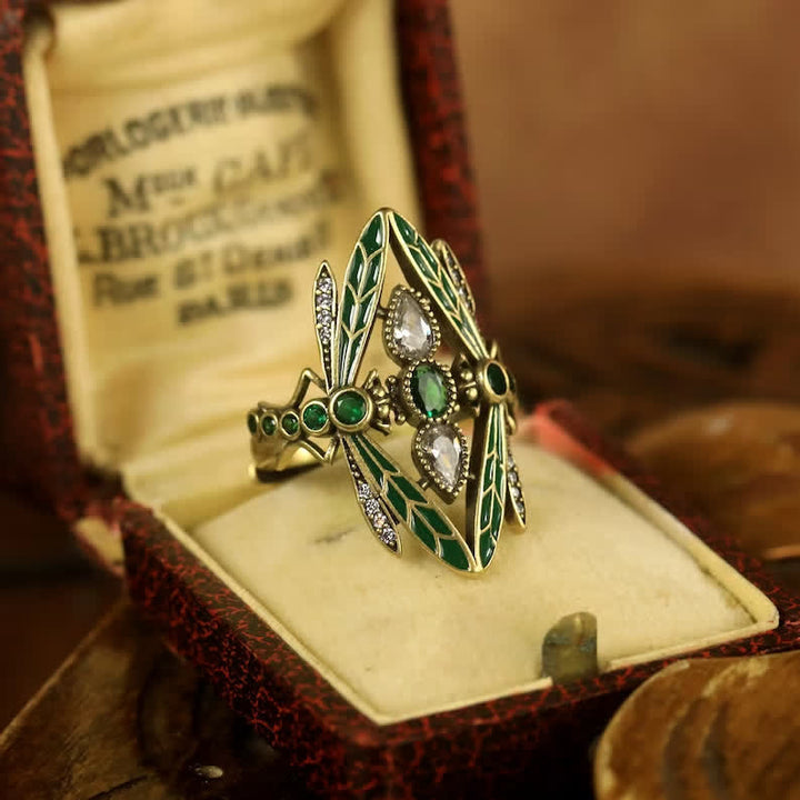 Anello Art Nouveau con libellula, smalto verde e cristalli. - image 3