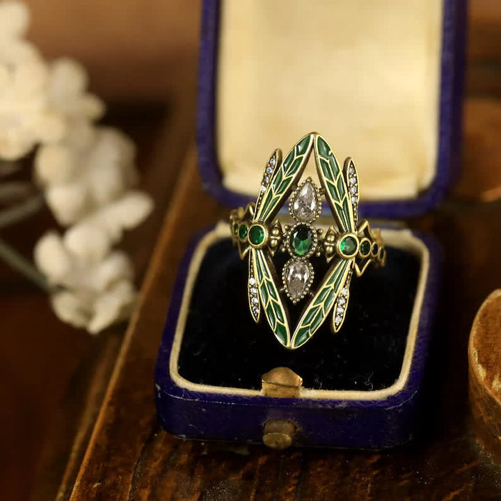 Anello Art Nouveau con libellula, smalto verde e cristalli. - image 4