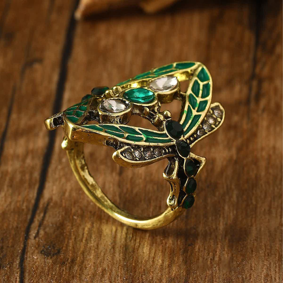 Anello Art Nouveau con libellula, smalto verde e cristalli. - image 2