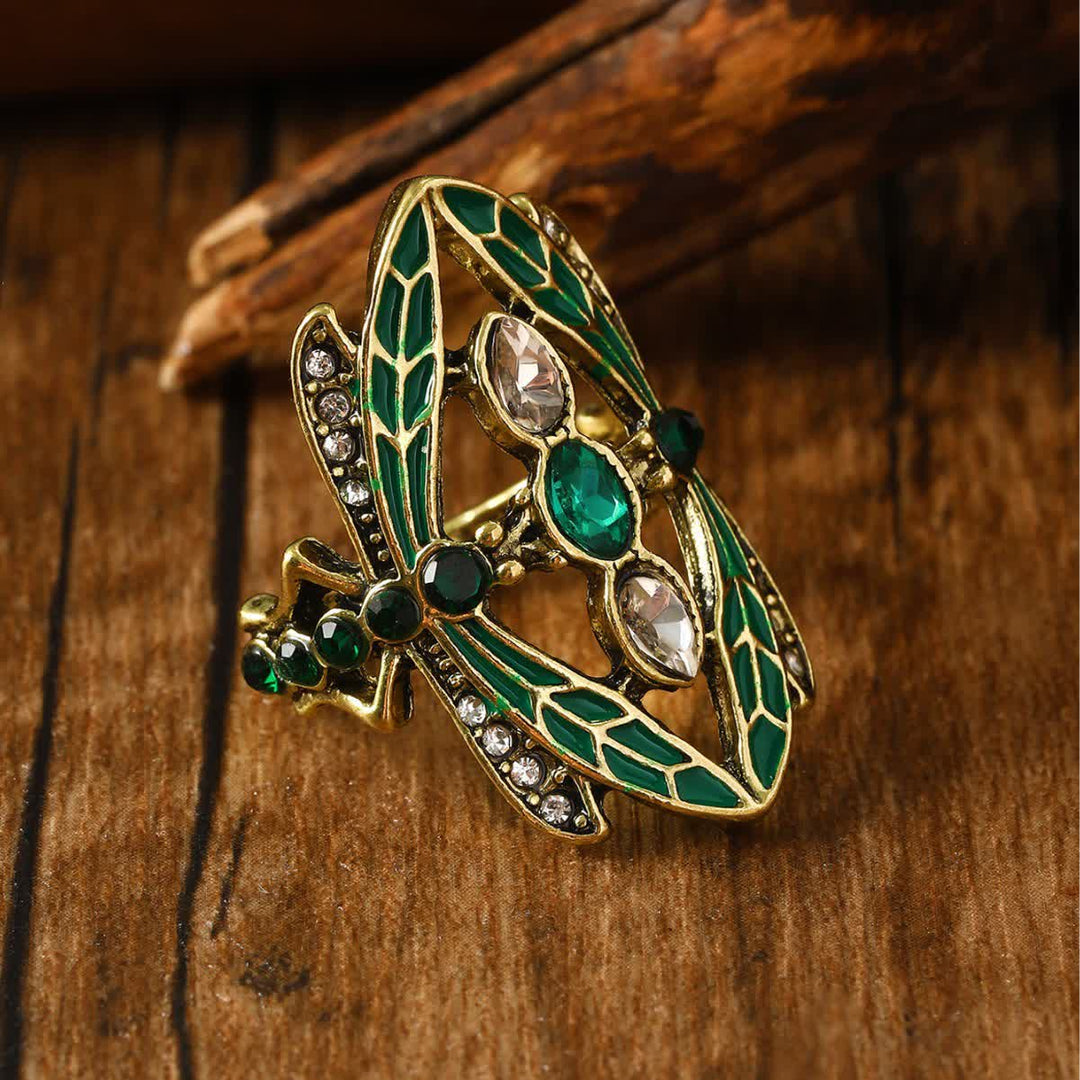 Anello Art Nouveau con libellula, smalto verde e cristalli. - Libellula - US 10 - image 0