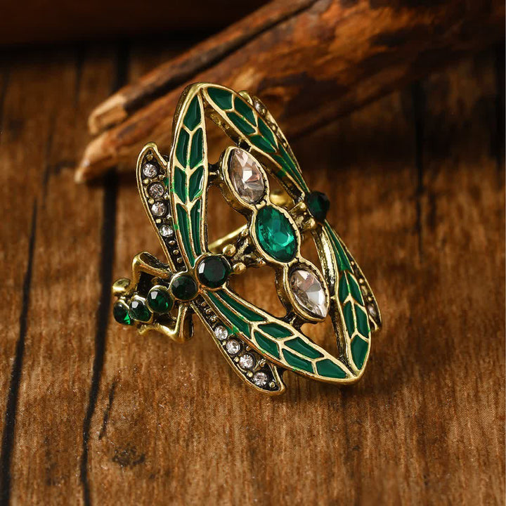 Anello Art Nouveau con libellula, smalto verde e cristalli. - Libellula - US 10 - image 0