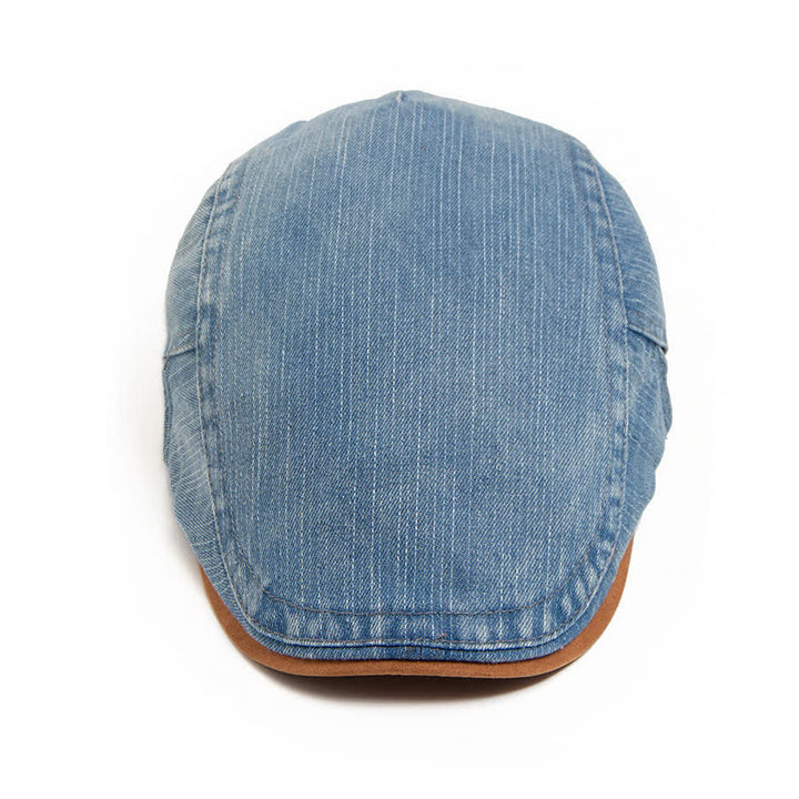 Berretto piatto in denim lavato a contrasto con visiera in pelle scamosciata - image 1