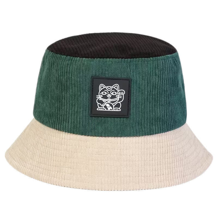 Cappello a secchiello pieghevole in velluto a coste con motivo Lucky Cat a blocchi di colore. - Avorio - M (22"-22 7/8") - image 3