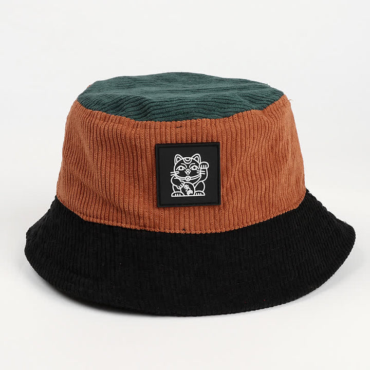 Cappello a secchiello pieghevole in velluto a coste con motivo Lucky Cat a blocchi di colore. - Nero - M (22"-22 7/8") - image 6