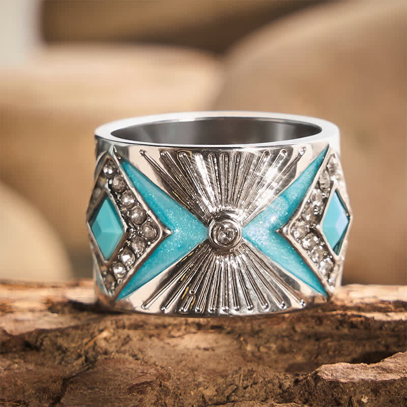 Anello da donna con fascia larga in finta turchese geometrica retrò, anello di tendenza - Tonalità argento - US 11 - image 0