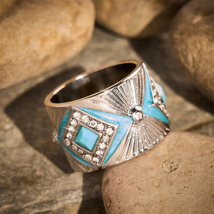 Anello da donna con fascia larga in finta turchese geometrica retrò, anello di tendenza - image 2