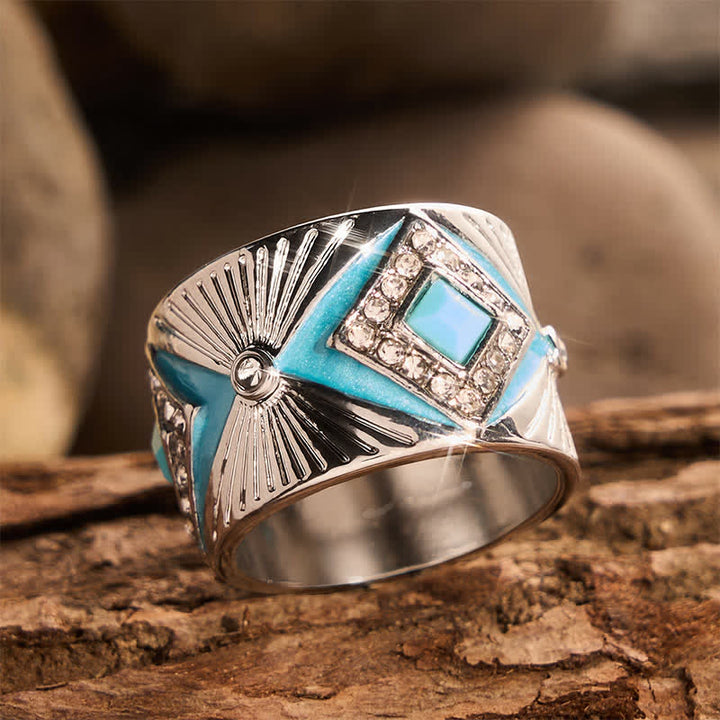 Anello da donna con fascia larga in finta turchese geometrica retrò, anello di tendenza - image 3