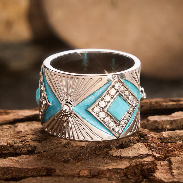 Anello da donna con fascia larga in finta turchese geometrica retrò, anello di tendenza - image 4