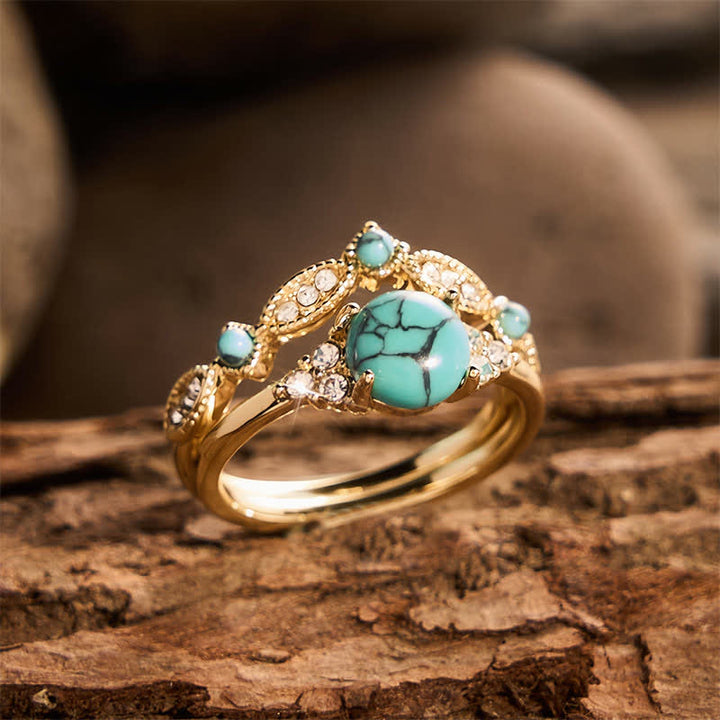 Anello impilabile in stile etnico bohémien retrò con finta turchese color oro. - image 3