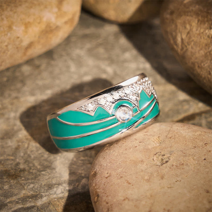 Anello a fascia larga in argento con motivo "Mountain Sun" vintage, smalto e zirconi cubici. - image 2