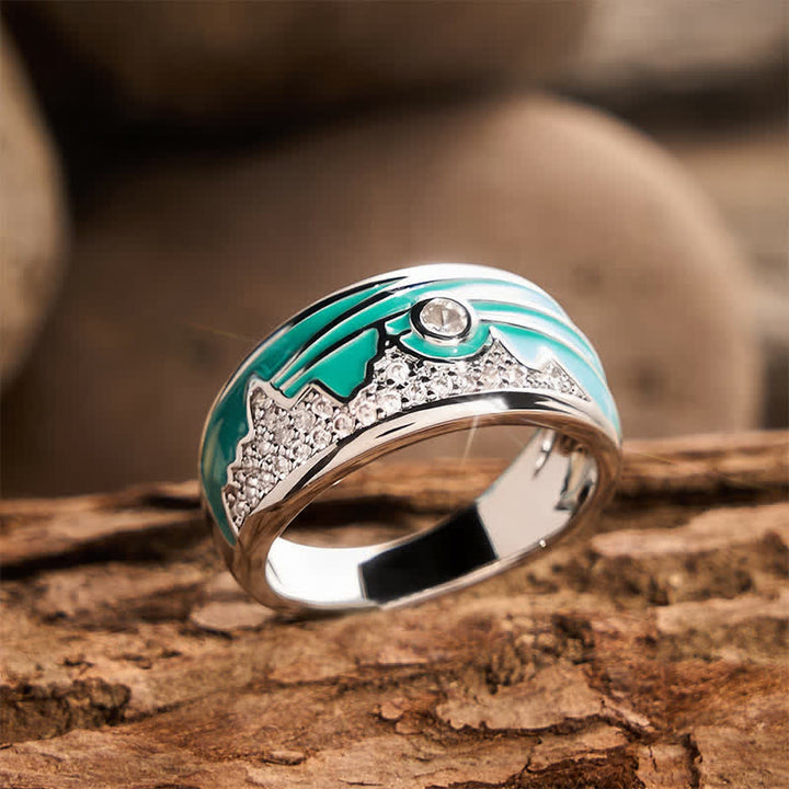 Anello a fascia larga in argento con motivo "Mountain Sun" vintage, smalto e zirconi cubici. - image 3