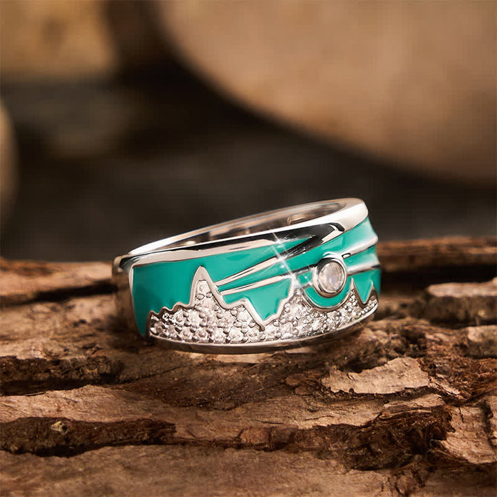 Anello a fascia larga in argento con motivo "Mountain Sun" vintage, smalto e zirconi cubici. - image 4