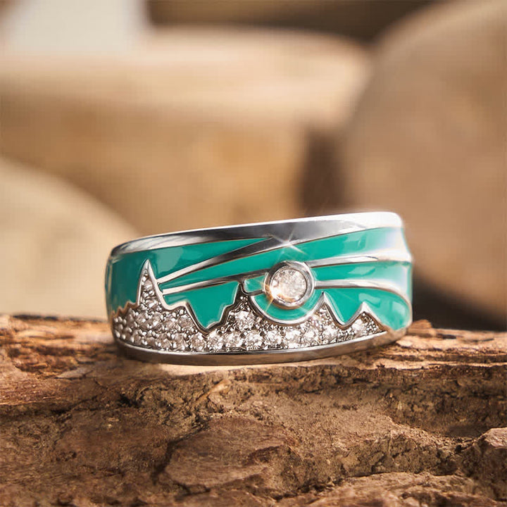 Anello a fascia larga in argento con motivo "Mountain Sun" vintage, smalto e zirconi cubici. - Argento - US 10 - image 0