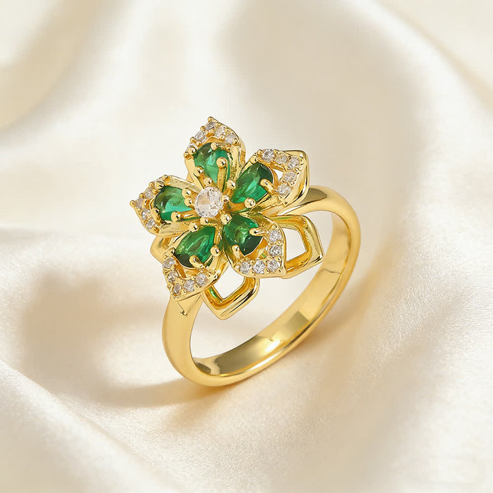 Anello antistress girevole con zirconi a forma di fiore di ciliegio - Verde e oro - image 6