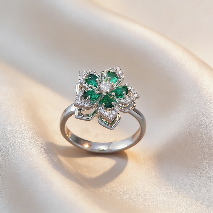 Anello antistress girevole con zirconi a forma di fiore di ciliegio - Verde e argento - image 15