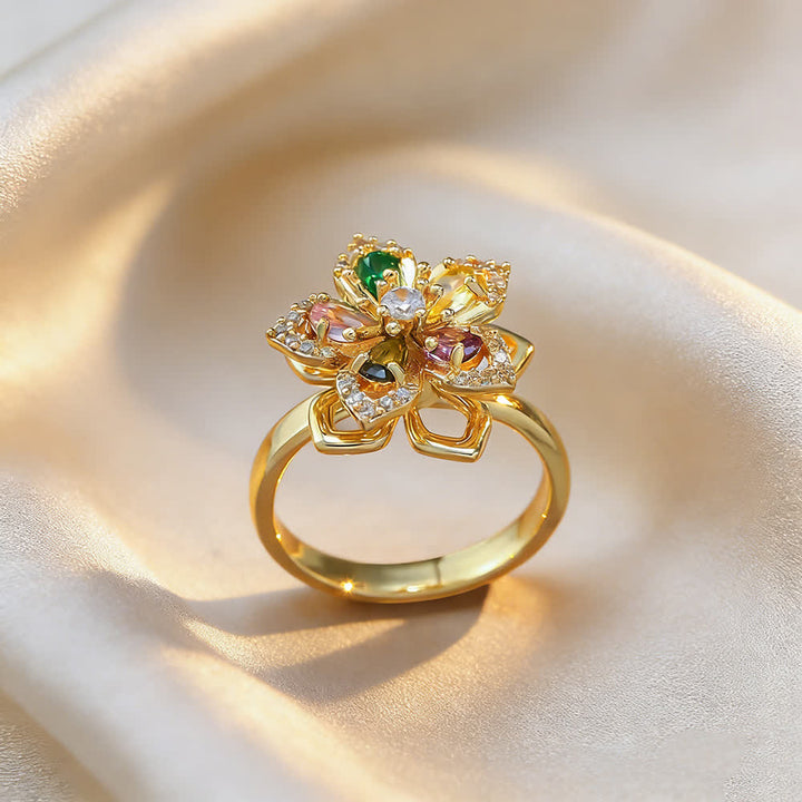 Anello antistress girevole con zirconi a forma di fiore di ciliegio - Multicolore e oro - image 7