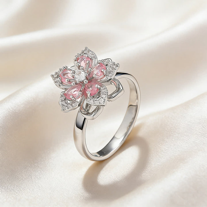 Anello antistress girevole con zirconi a forma di fiore di ciliegio - Rosa e argento - image 14