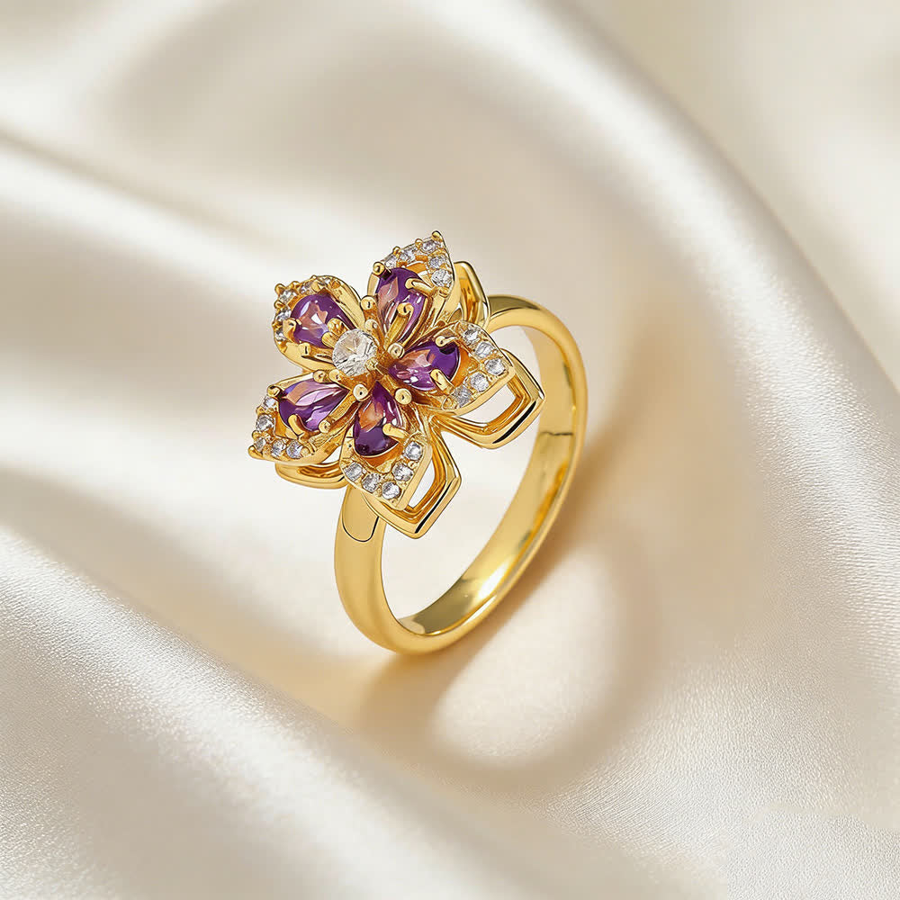 Anello antistress girevole con zirconi a forma di fiore di ciliegio - Viola e oro - image 5