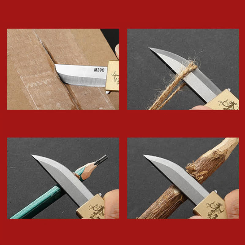 Portachiavi compatto ed elegante con coltello pieghevole in ottone e motivo dorato. - image 4