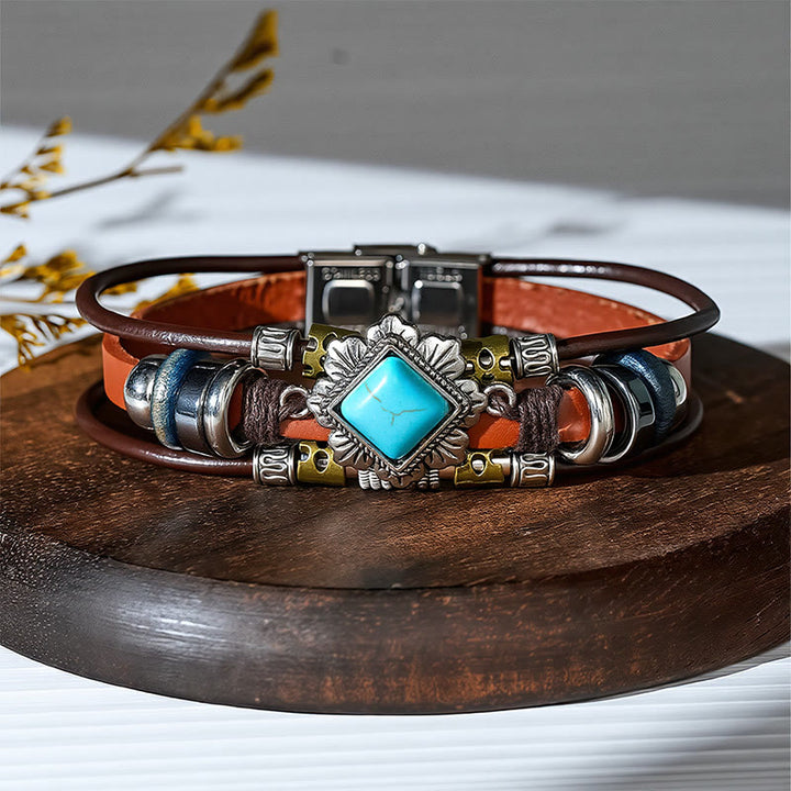 Bracciale in pelle intrecciato fatto a mano con ciondoli turchesi in stile boho. - Stile n. 12 - image 14