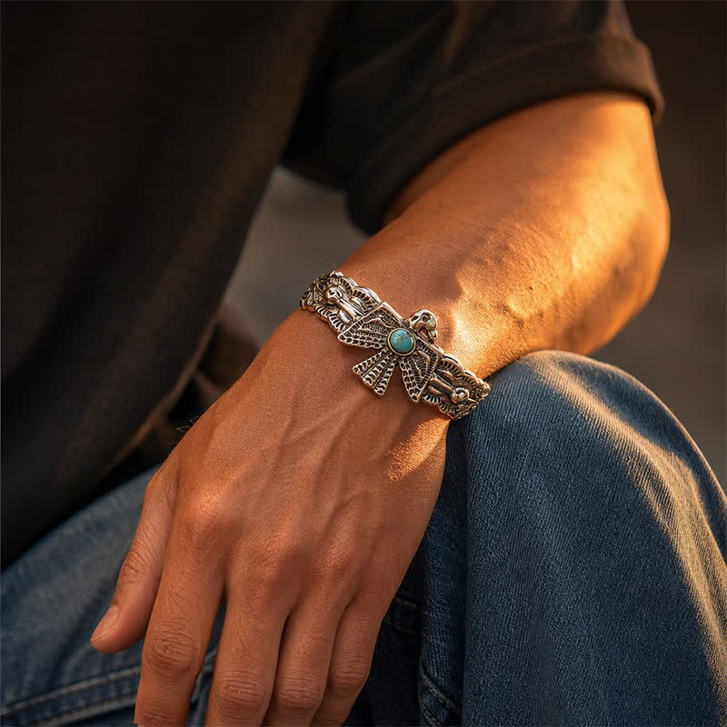Bracciale a polsino aperto con aquila occidentale e tuono turchese - image 1