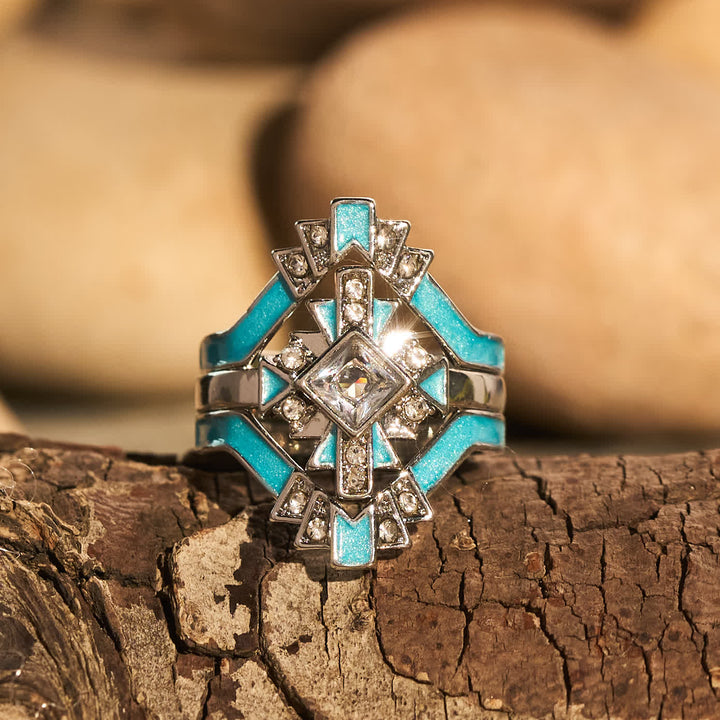 Anello vintage con motivo geometrico, stile etnico, con cristalli incastonati, perfetto come regalo per feste. - Argento - US 10 - image 0