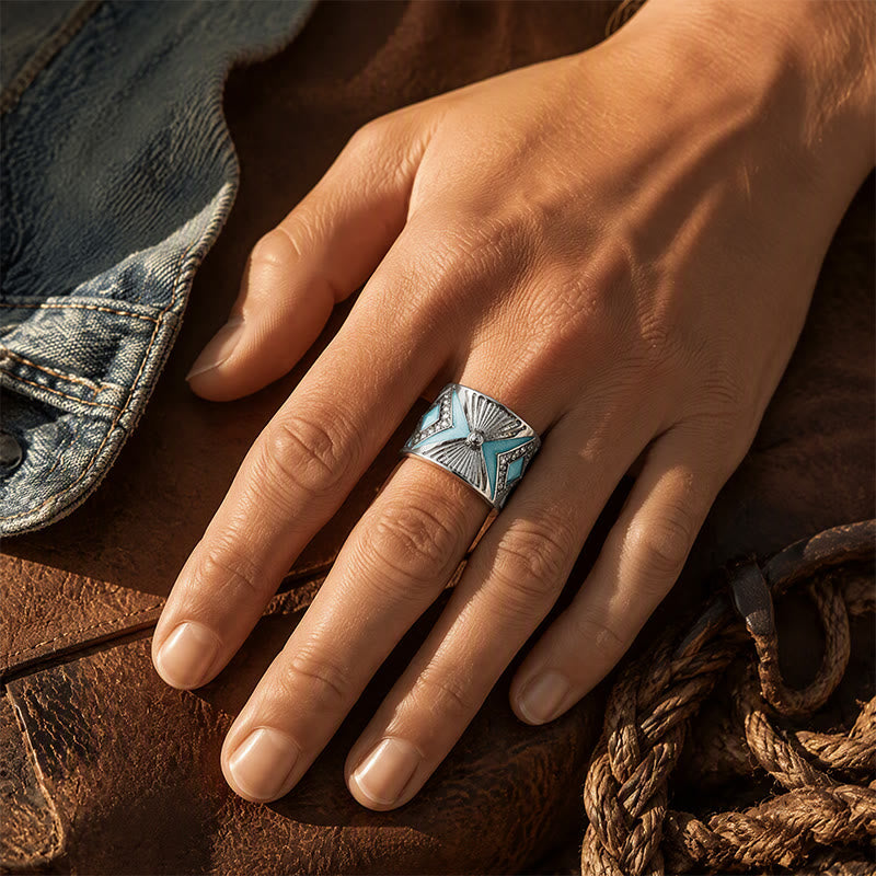 Anello da donna con fascia larga in finta turchese geometrica retrò, anello di tendenza - image 1