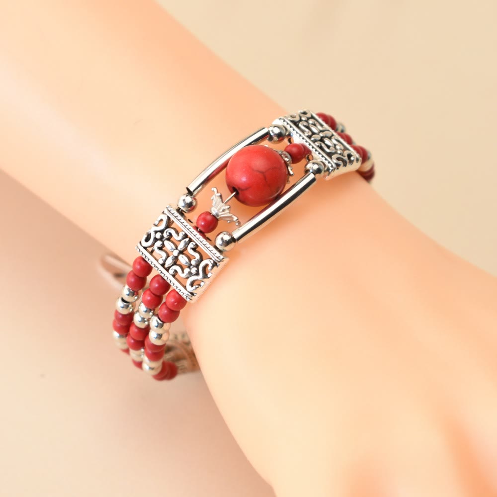 Bracciale Boho Cowgirl a triplo strato con perline turchesi - Rosso - image 2