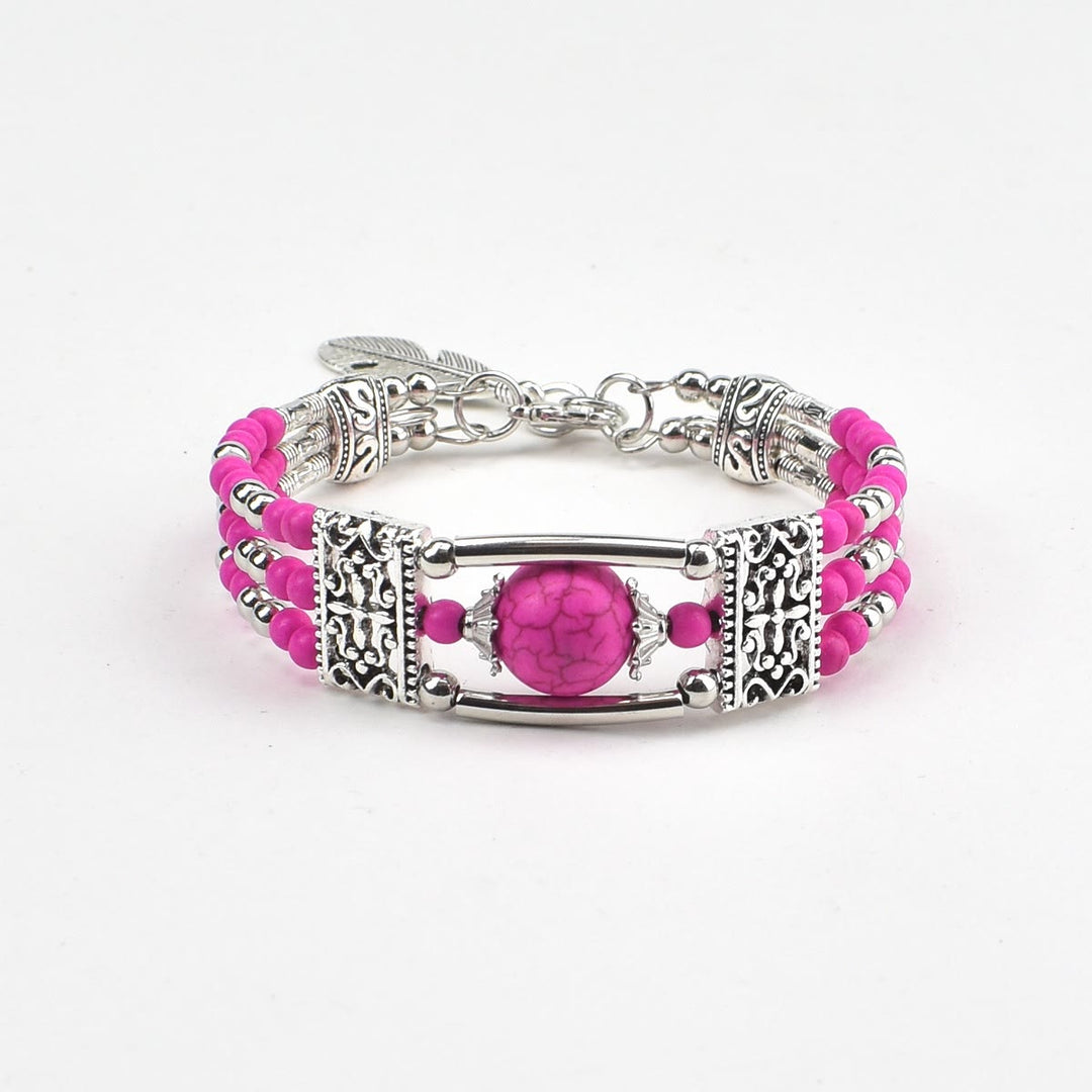 Bracciale Boho Cowgirl a triplo strato con perline turchesi - Rosa acceso - image 6