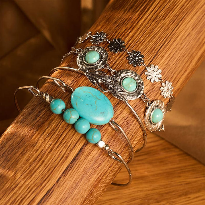 Set di 5 braccialetti impilabili Desert Muse con piume turchesi e fiori - 5 pezzi - image 3
