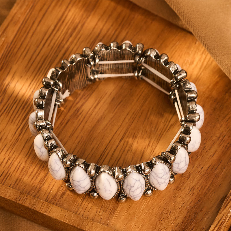 Bracciale elastico vintage boho ovale bianco turchese argentato inciso - Bianco - image 3