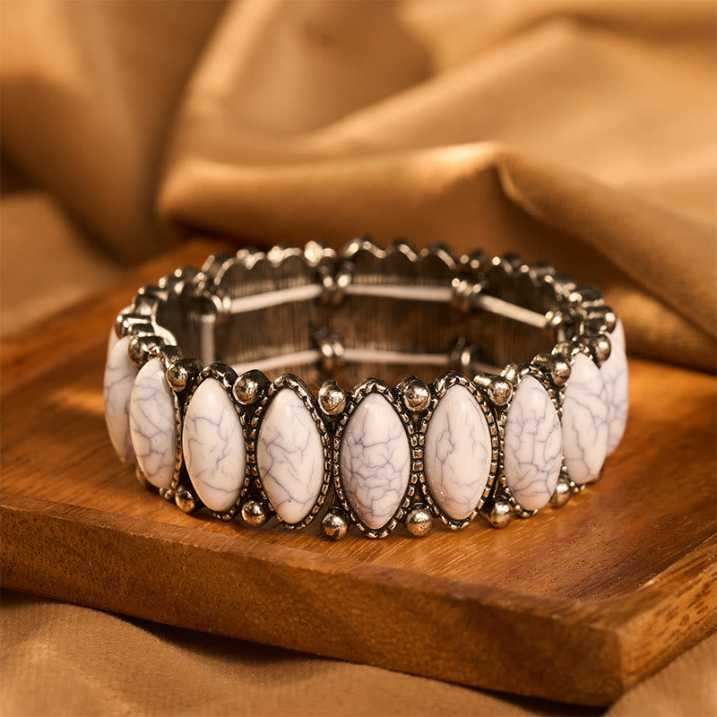 Bracciale elastico vintage boho ovale bianco turchese argentato inciso - image 0