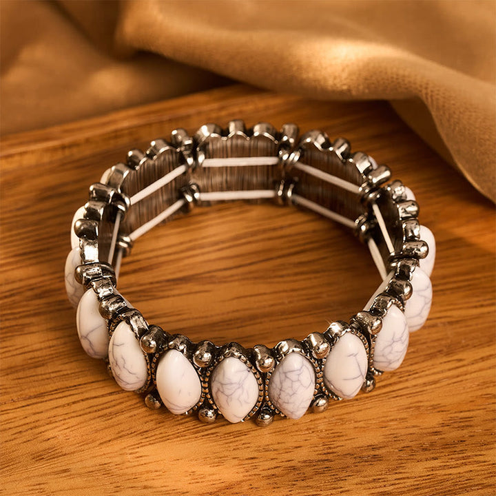 Bracciale elastico vintage boho ovale bianco turchese argentato inciso - image 4
