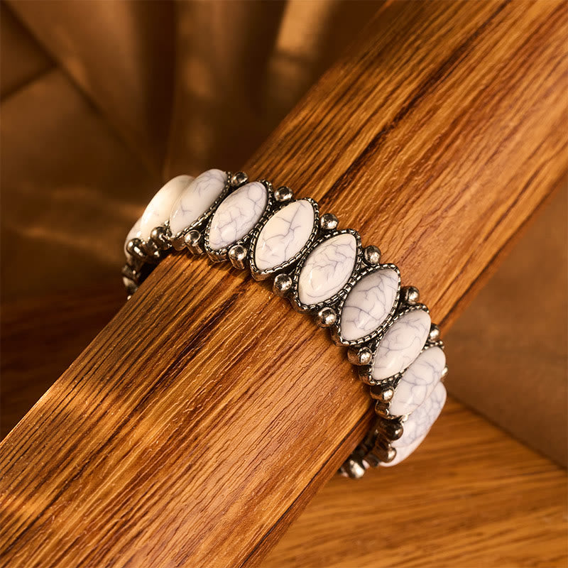 Bracciale elastico vintage boho ovale bianco turchese argentato inciso - image 5