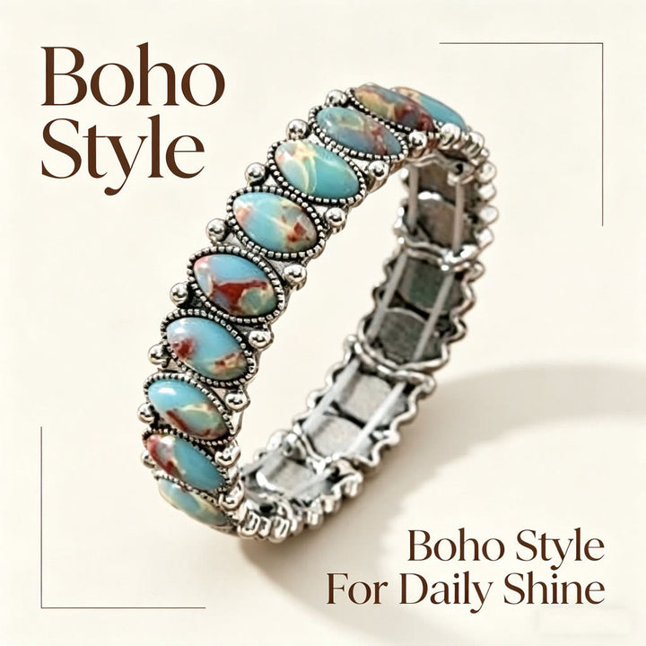 Bracciale elastico vintage boho ovale bianco turchese argentato inciso - Blu - image 2