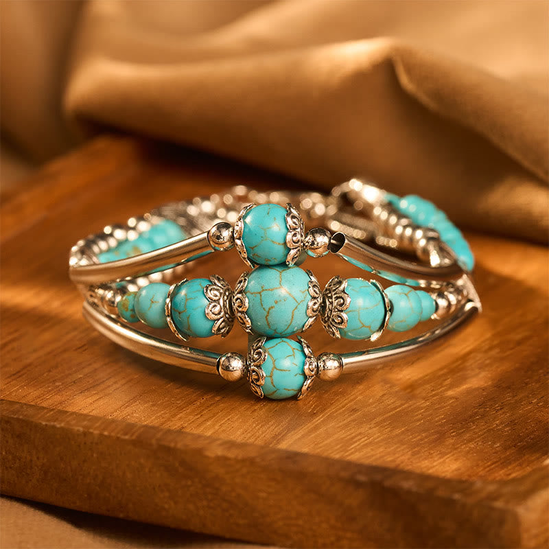 Bracciale vintage boho a triplo strato con piume turchesi e argento anticato - Verde - image 0