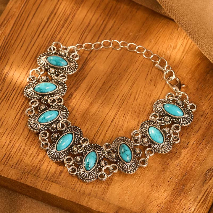 Bracciale vintage boho con turchese marquise e maglie intagliate in argento antico - image 2