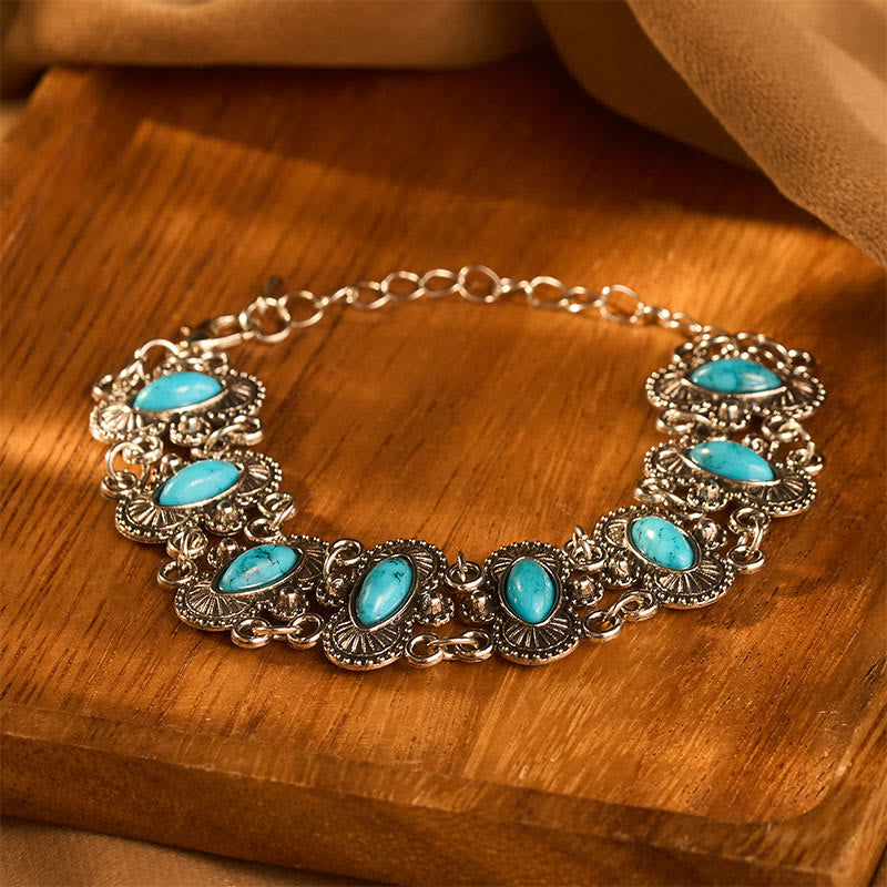 Bracciale vintage boho con turchese marquise e maglie intagliate in argento antico - image 0
