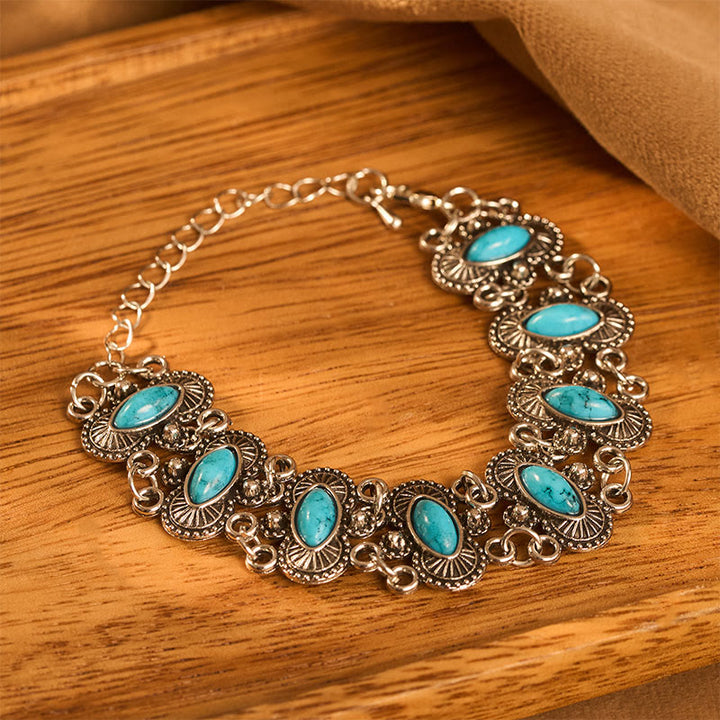 Bracciale vintage boho con turchese marquise e maglie intagliate in argento antico - image 3