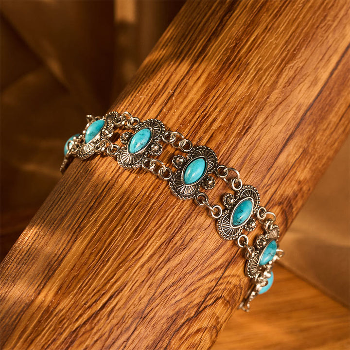 Bracciale vintage boho con turchese marquise e maglie intagliate in argento antico - image 4