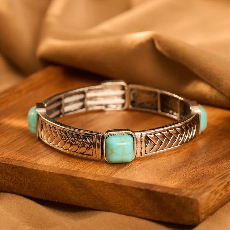 Bracciale rigido vintage tribale quadrato turchese argentato inciso - Argento - image 0