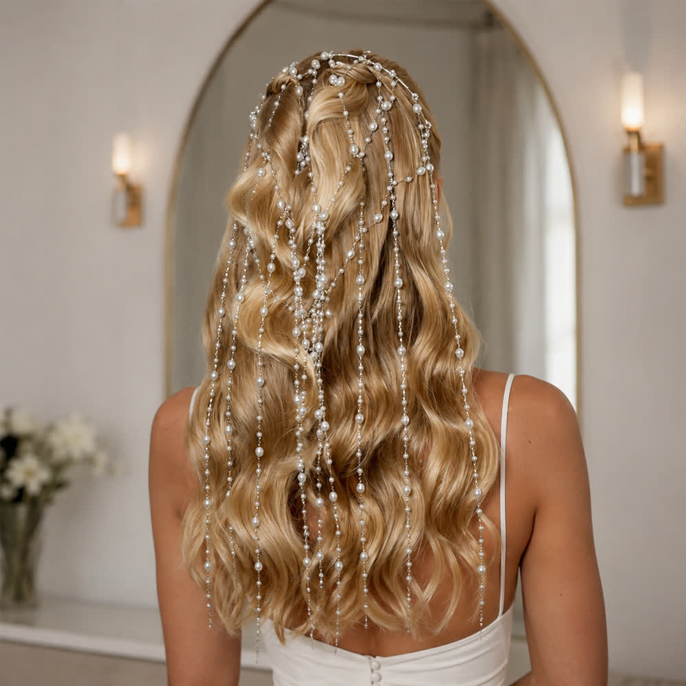 Catene per capelli da donna con velo di perle, stile dea, per matrimoni e feste. - Stile n. 1 - Argento - image 0