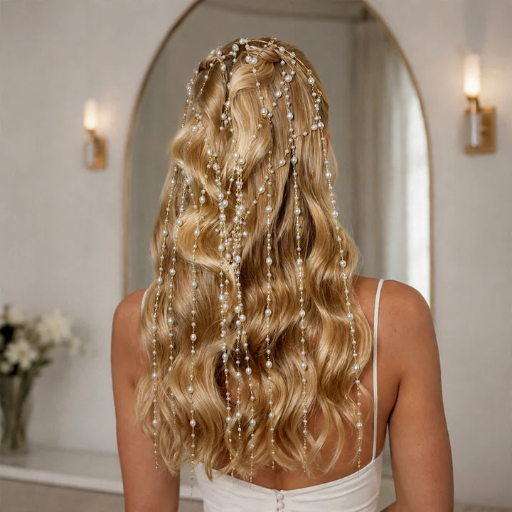 Catene per capelli da donna con velo di perle, stile dea, per matrimoni e feste. - Stile n. 1 - Oro - image 5
