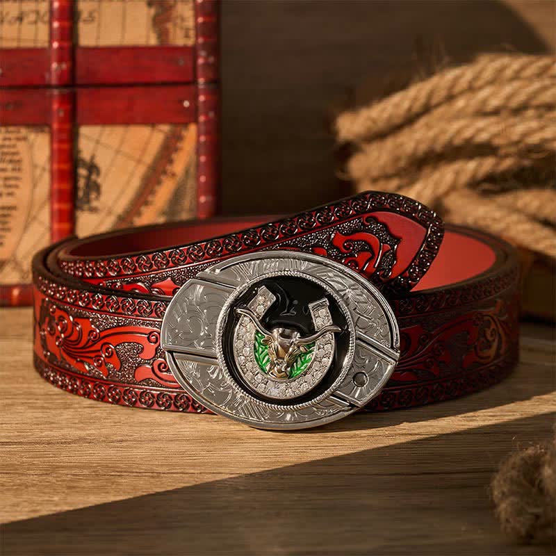 Cintura in pelle con fibbia a coltello pieghevole nascosto fai-da-te a forma di toro Longhorn con strass e ferro di cavallo. - Toro dalle lunghe corna e ferro di cavallo - Cintura intagliata marrone - 42 - image 6