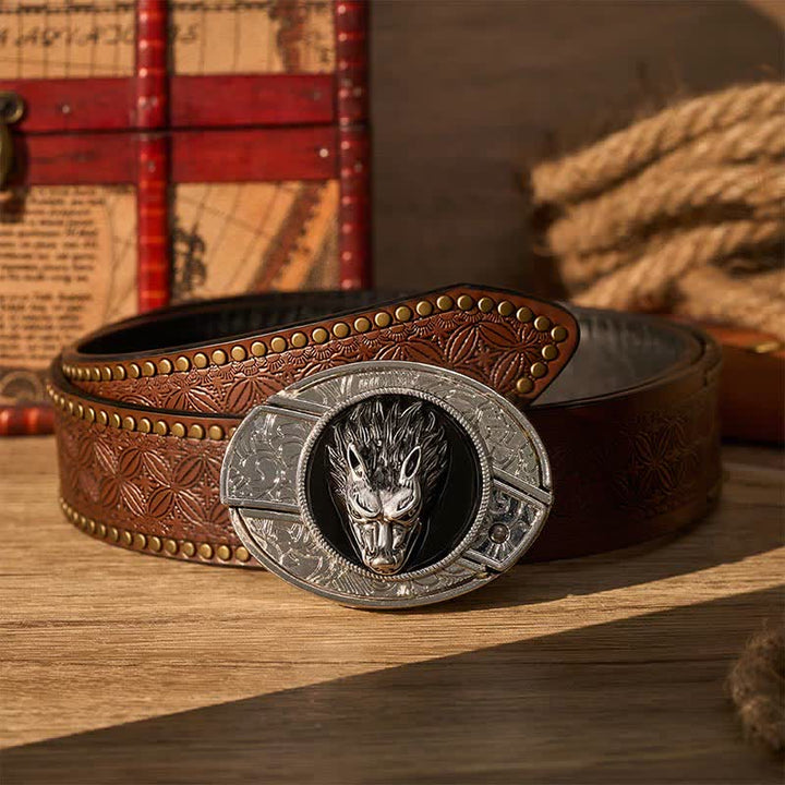 Cintura in pelle con fibbia a coltello pieghevole nascosto fai-da-te Western Lone Wolf - Lupo - Cintura con rivetti marroni - 42 - image 4