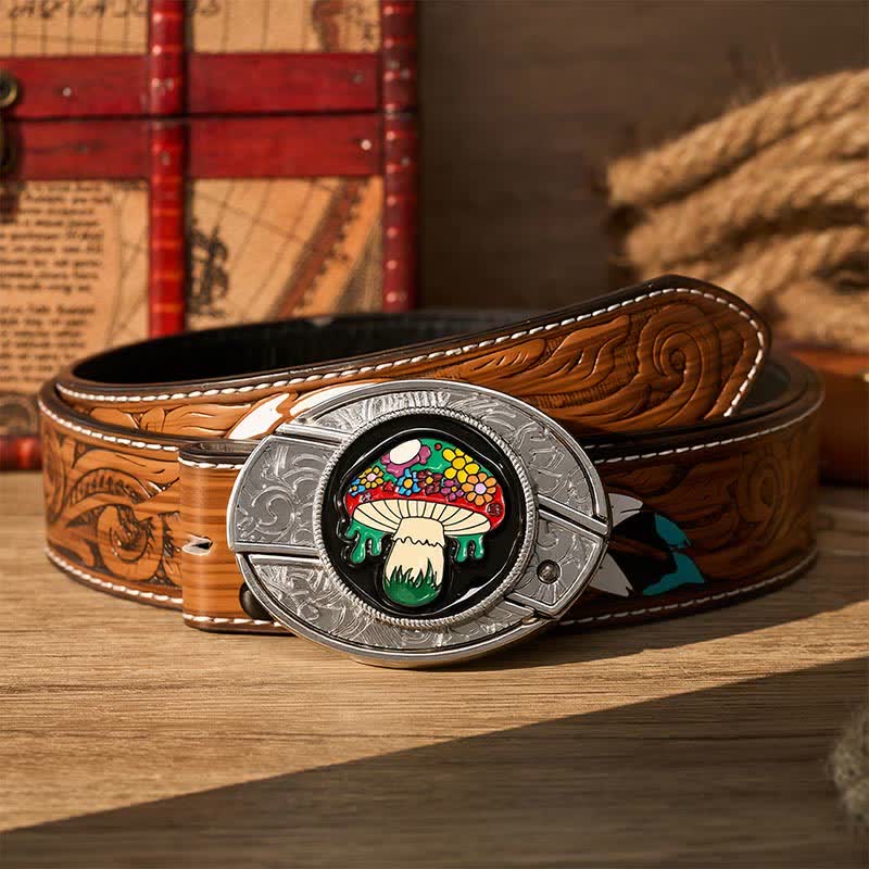 Cintura in pelle con fibbia a scomparsa a forma di fungo hippie colorato fai-da-te con coltello pieghevole. - Fungo colorato - Cintura di piume marroni - 40 - image 7