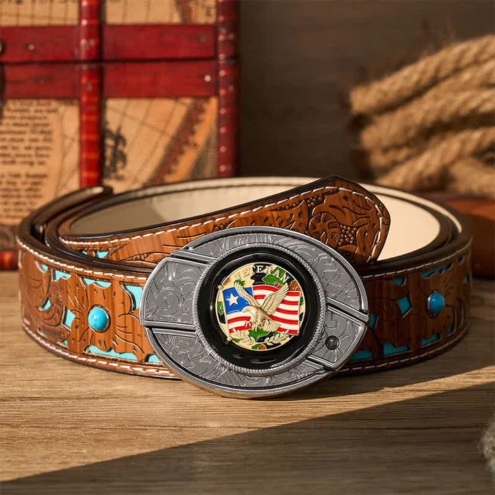 Cintura in pelle con fibbia a scomparsa per coltello pieghevole fai-da-te con bandiera americana e aquila mimetica. - Aquila e bandiera mimetiche - Cintura turchese intagliata - 42 - image 3
