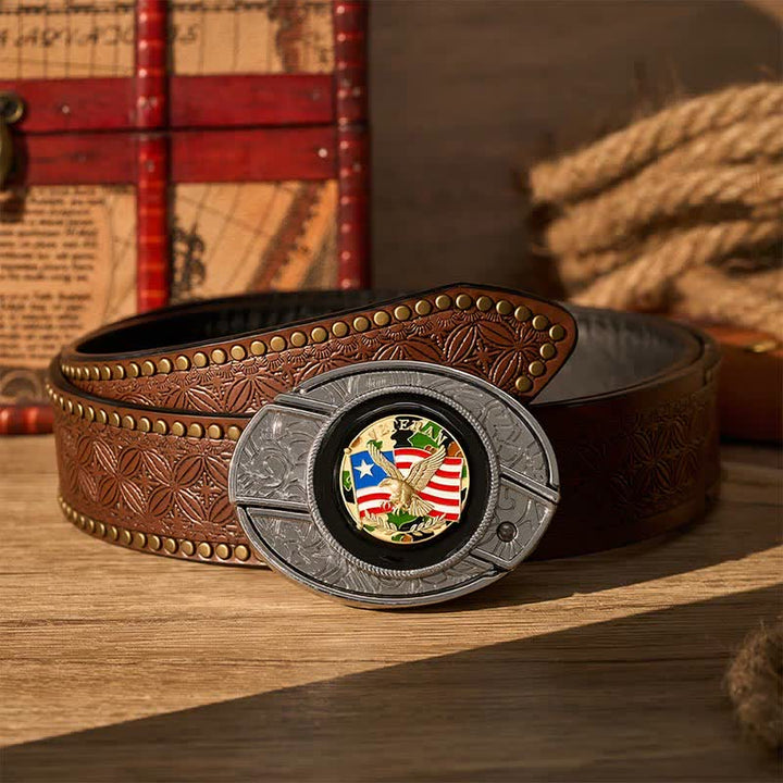 Cintura in pelle con fibbia a scomparsa per coltello pieghevole fai-da-te con bandiera americana e aquila mimetica. - Aquila e bandiera mimetiche - Cintura con rivetti marroni - 42 - image 4