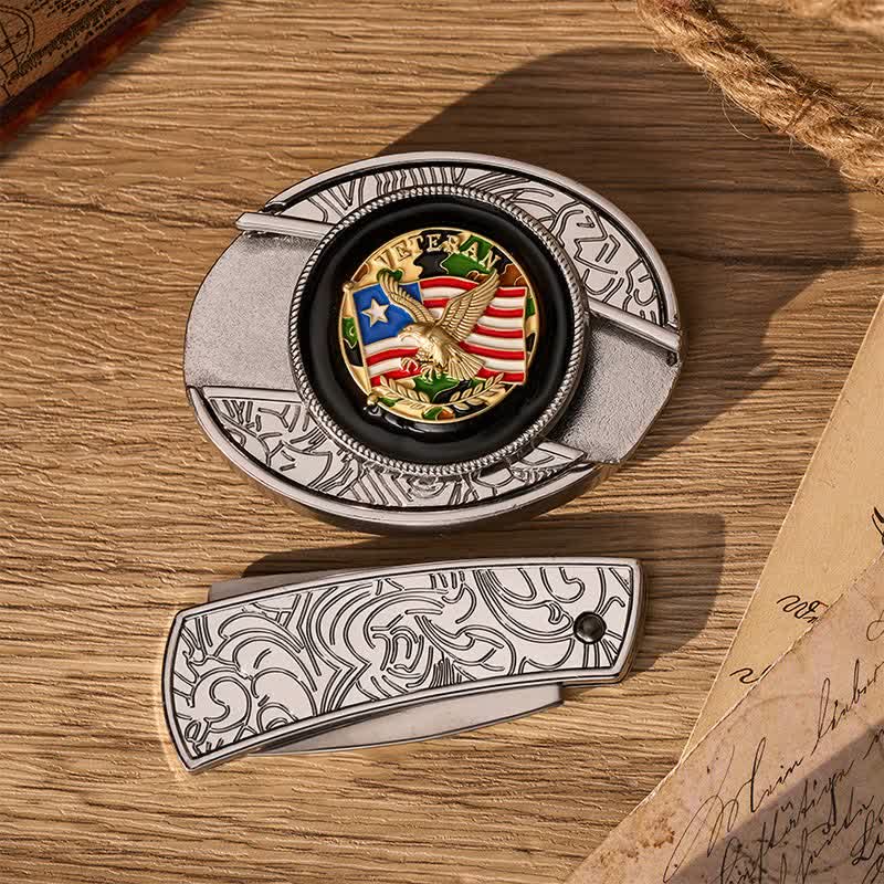 Cintura in pelle con fibbia a scomparsa per coltello pieghevole fai-da-te con bandiera americana e aquila mimetica. - image 9