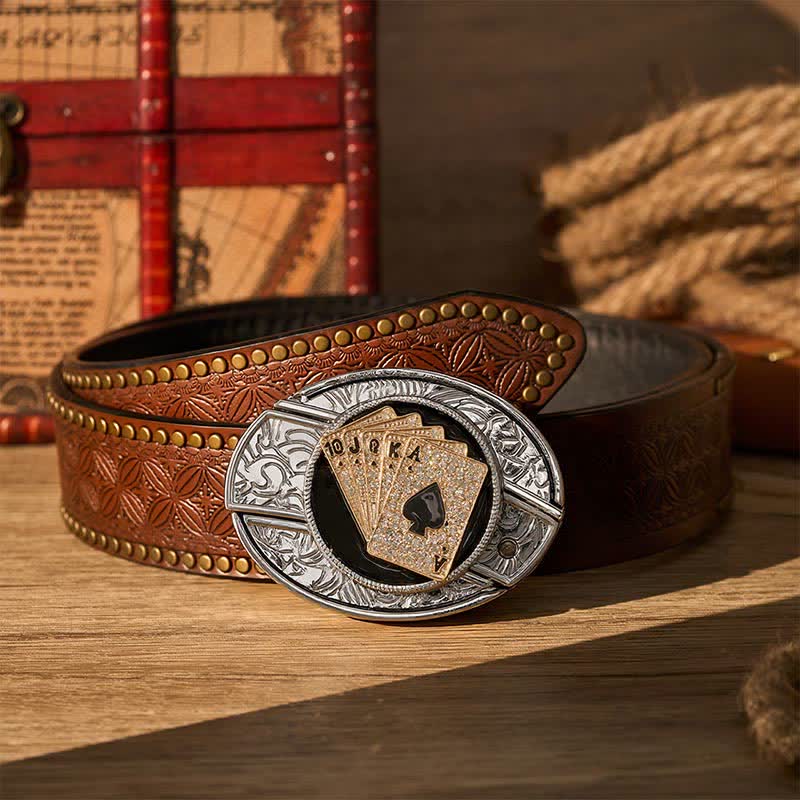 Cintura in pelle con fibbia a coltello pieghevole nascosto fai-da-te stile cowboy, brillante Royal Flush. - Scala reale d'oro - Cintura con rivetti marroni - 42 - image 4